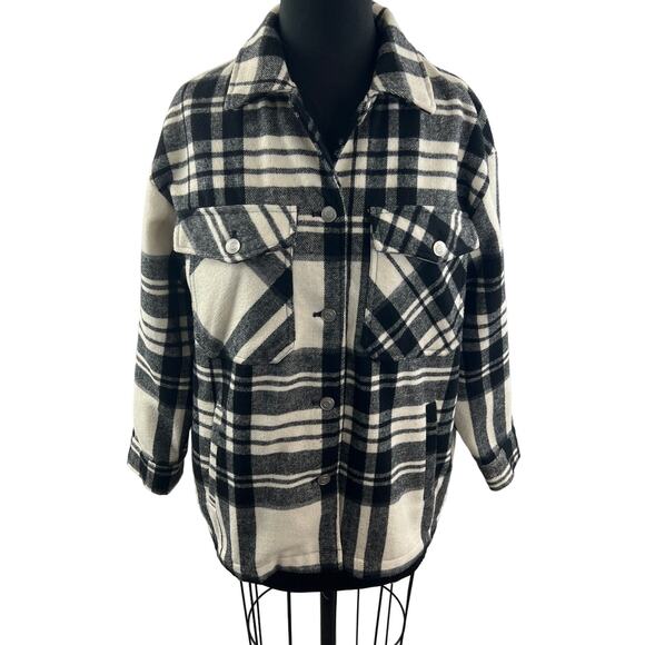 ZARA White Black Wool Blend Flannel Shacket Plaid Pockets Front Button Size XS - Picture 1 of 10